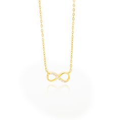 "Symbolising eternity, purity and everlasting love, this sterling silver 925 14ct gold plated infinity necklace from Little Silver is the perfect way to commemorate a special milestone in your friendship. Hand-crafted in genuine 925 sterling silver, each looping pendant floats elegantly from a 16\" (+2inch extender) necklace chain with a spring ring closure. Cubic zirconia pavé settings add a beautiful dimension of sparkle and texture to the appearance of this infinity chain necklace. Elegantly displayed in a gift-ready embossed  box with our brand name \"Little Silver'' in silver foil lettering, this piece makes a thoughtful and timeless necklace gift for women. Present this eternity necklace as an unforgettable gift for her for Christmas, Mother's Day, Birthdays, Anniversaries or \"just Infinity Chain, Timeless Necklace, Eternity Necklace, Gold Schmuck, Friendship Necklace, Infinity Knot, Infinity Pendant, Friendship Necklaces, Infinity Necklace