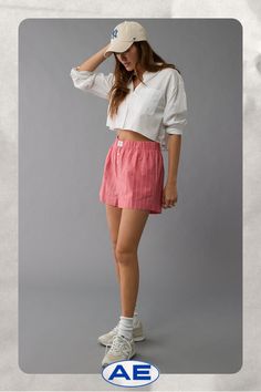 Elasticized waist with button fly/Striped pattern Summer Striped Relaxed Fit Pajama Shorts, Striped Lounge Shorts, Striped Relaxed Fit Pajama Shorts, Striped Boxer Shorts, Relaxed Fit Striped Shorts With Built-in Shorts, Boxer Shorts, American Eagle Outfitters, American Eagle, Women Jeans