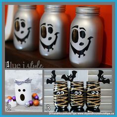 halloween mason jars with faces painted on them and decorations around the jar, including pumpkins