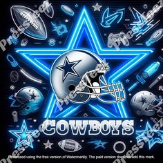 the cowboys football team is depicted in this neon star background with various sports related items