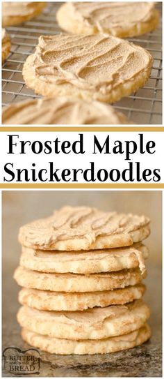 frosted maple snickkerdoodles are stacked on top of each other