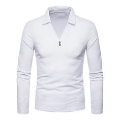 Turndown V Neck Long Sleeves Tee - White - 3D91381916 - Men's Clothing, Men's Tops & T-Shirts, Men's Polo Shirts  #MensPoloShirts #Men's #Clothing # #Men's #Tops #& #TShirts # #Men's #Polo #Shirts Spring Long Sleeve Polo Shirt, White Collared Top For Winter, White Collared Winter Tops, White Fitted Long-sleeve Polo Shirt, Fitted Long Sleeve White Polo Shirt, White Long Sleeve Casual Polo Shirt, Casual White Long Sleeve Polo Shirt, Casual Slim Fit Polo Collar Tops, Casual Slim Fit Tops With Polo Collar