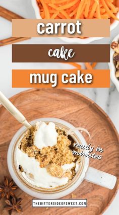 carrot cake in a mug with whipped cream on top and an orange cinnamon stick next to it