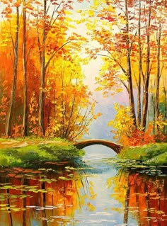 an oil painting of a bridge over a river surrounded by trees and leaves in fall colors