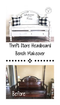 before and after photos of a bench makeover with thrift furniture store headboard