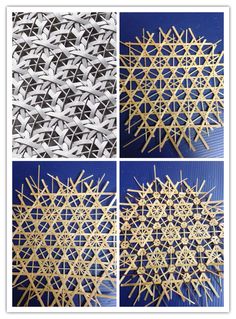 four pictures of different shapes and sizes of metal mesh, with the same pattern on each side