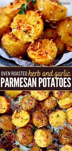 oven roasted herb and garlic parmesan potatoes on a plate with text overlay