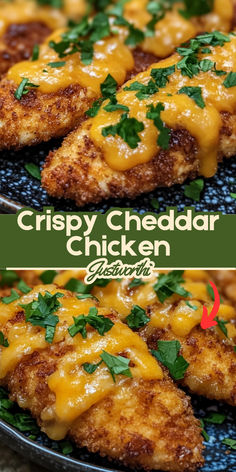 crispy cheddar chicken is on a plate with parsley and cilantro