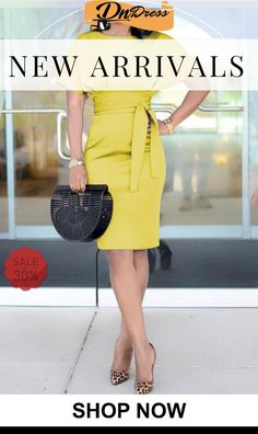 Solid Belted Short Sleeve Dress Chic Yellow Solid Color Midi Dress, Chic Yellow Midi Dress Solid Color, Solid Color Summer Midi Dress For Office, Solid Color Midi Dress For Summer Office, Solid Midi Dress For Summer Office Wear, Spring Workwear Bodycon Midi Dress, Spring Office Sheath Midi Dress, Summer Office Lady Midi Dress, Spring Office Lady Midi Dress Knee-length