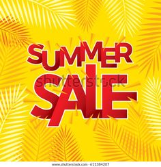 summer sale poster with palm leaves on yellow background