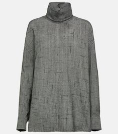 Oversized high-neck blouse in grey - Bottega Veneta | Mytheresa Oversized Funnel Neck Turtleneck For Work, Chic Oversized High Neck Turtleneck, Chic Oversized Turtleneck, Chic High Neck Fall Blouse, Chic High Neck Blouse For Fall, Chic High Neck Mock Neck Top For Workwear, Chic High-neck Turtleneck For Work, Chic Oversized Silk Top, Oversized Turtleneck Top For Work