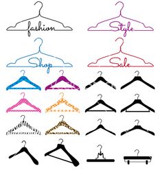 a set of clothes hangers with the word sale written on them in different colors