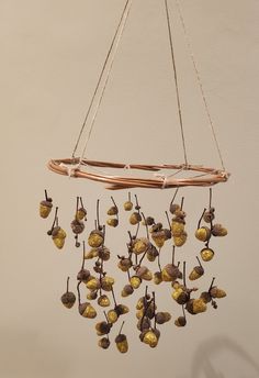 a wind chime hanging from the ceiling with lots of leaves and berries on it