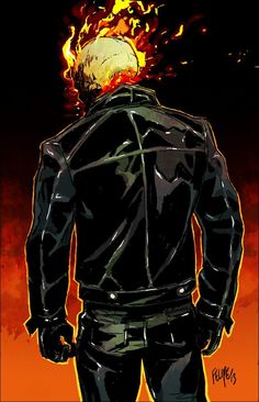 a drawing of a man in black leather jacket with flames coming out of his back