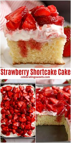 strawberry shortcake cake with cream cheese frosting and strawberries in the top layer