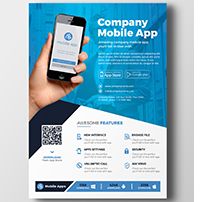 a hand holding a smart phone in front of a blue and white flyer with the words company mobile app on it