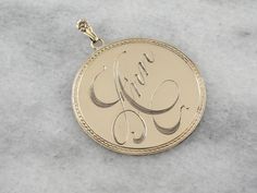 Name Pendant, "Ann" Engraved Large Gold Disc Pendant 20ZNVZ-N Elegant Commemorative Medallion Jewelry, Luxury Hallmarked Pendant Jewelry, Classic Jewelry With Hallmarked Round Pendant, Classic Jewelry With Hallmarks Round Pendant, Antique Jewelry With Engraving Option For Anniversary, Vintage Silver Nameplate Jewelry, Classic Jewelry With Round Pendant And Hallmarks, Classic Round Pendant Jewelry With Hallmarks, Vintage White Gold Jewelry With Engraving Option