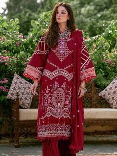 Cherry Red Embroidered Pakistani Crushed Sharara kameez with Dupatta Frock With Dupatta, Crushed Sharara, Mom Dresses, Pakistani Winter Dresses, Suit Pakistani, Pakistani Party Wear, Party Frocks, Sky Blue Color, Suits For Sale