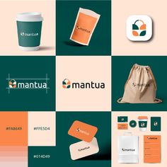 various logos, business cards and stationery items are displayed in this graphic design style