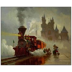 an oil painting of a train traveling down the tracks