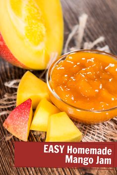 A bowl of mango jam with fresh mango beside it, with overlay text that reads "easy homemade mango jam," showcasing an easy mango jam made from fresh mangos and a delicious homemade mango jam recipe. Mango Jam With Pectin, Mango Preservation, Marmelade Recipe, Jam With Pectin, Mango Jam Recipe, Recipes Mango, Pectin Recipes