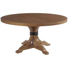 a round wooden table with four leaves on the base and one leaf at the top