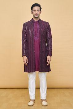 Wine jacket with sequin hand work embellishments. Comes with embroidered placket kurta and contrasting pant. - Aza Fashions Festive Fall Sherwani With Resham Embroidery, Embellished Long Sleeve Nehru Jacket For Festive Occasions, Diwali Sequins Bandhgala With Long Sleeves, Fitted Designer Outerwear With Mirror Work, Designer Festive Embellished Outerwear, Designer Embellished Festive Outerwear, Designer Embellished Outerwear For Festive Season, Festive Long Sleeve Outerwear With Mirror Work, Fitted Long Sleeve Bandhgala For Celebration