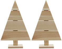 two wooden christmas trees on stands made out of wood