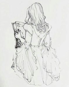 a black and white drawing of a girl in a dress holding a book with her hand