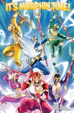 the poster for power rangers it's morphin time, featuring four different characters