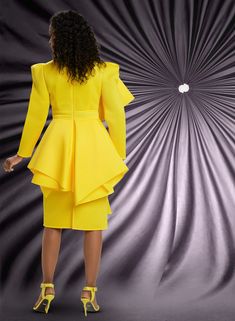 Donna Vinci 11997   1 piece Scuba Dress  Colors: Lemon Yellow         Dress Length: 41"  Sizes: 8, 10, 12, 14, 16, 18, 20 Church Attire For Women, Lemon Yellow Dress, Blue Spring Dresses, First Lady Church Suits, Church Dresses For Women, Church Attire, Women Church Suits, Dress Colors, Church Dress