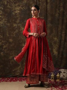 Mrinalika-Gulaab Red Kurta Set - Trendroots Red Kurta Set, Red Anarkali, Red Kurta, Kurta Cotton, Traditional Attires, Embroidered Anarkali, Gota Work, Palazzo Set, Dupatta Set