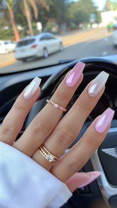 Stay on top of the latest July Nails trends! Our elegant nail art designs and trendy nail inspo will keep you ahead of the game! #JulyNails #NailTrends #NailArtDesigns #NailInspo #ElegantNails Ombre Ideas Nails, Summer Long Square Nails, New Nail Designs 2024 Summer, Ombre Nails Powder, White And Pink Nails Ideas, White And Pink Summer Nails, White And Pink Acrylics, Coffin Nails Designs Summer 2024, New Trend Nails 2024 Summer