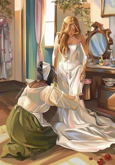 a painting of a woman in a white dress sitting on the floor next to a mirror