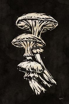 a black and white drawing of two mushrooms