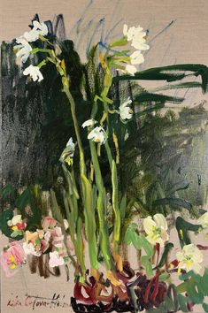 a painting of white flowers in a vase with green stems and leaves on the ground