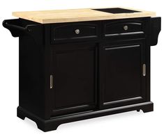 a black kitchen island with two drawers and a wooden top