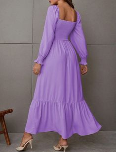 Purple Square Neck Pleated High Waist Maxi Dress Solid Long Sleeve Maxi Dress For Brunch, Long Sleeve Solid Maxi Dress For Brunch, Long Sleeve Maxi Dress For Brunch, Solid Maxi Dress For Fall Brunch, Solid Color Maxi Dress For Fall Brunch, Casual Purple Maxi Dress For Fall, Casual Purple Maxi Dress For Brunch, High Waist Maxi Dress, Purple Square