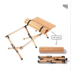 the folding stool is made out of wood and has two straps on each side, which are