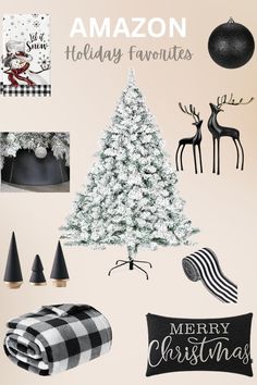 the christmas tree is surrounded by black and white decorations