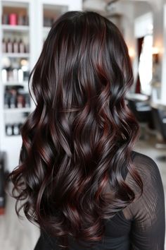 Dimensional Brunette With Red, Rich Dark Brown Hair With Highlights, Chocolate Cherry Highlights On Dark Hair, Cool Brown Highlights On Dark Hair, Hair Colors For Dark Brown Hair, Mahogany Balayage Brown Hair, Dark Brown Wedding Hair, Hair Color Trends Fall 2024, Mahogany Balayage On Black Hair