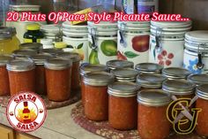 many jars are stacked on top of each other with the words 20 pints of place style picante sauce