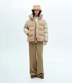 Marchi_fw2425_40 Beige Nylon Puffer Jacket With Padded Collar, Beige Down Puffer Jacket, Beige Nylon Outerwear With Padded Collar, Beige Shearling Outerwear For Cold Weather, Winter Beige Nylon Puffer Jacket, Beige Nylon Winter Puffer Jacket, Beige Down Outerwear With Padded Collar, Beige Puffer Jacket For Winter, Water Repellent Fabric