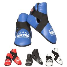 blue boxing gloves with black straps and red, white, and blue shoes in different colors