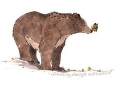 a brown bear standing on top of snow covered ground next to small yellow birds in it's mouth