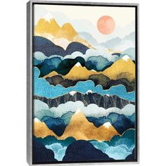 an abstract painting with mountains and clouds in blue, yellow and gold colors on a white background