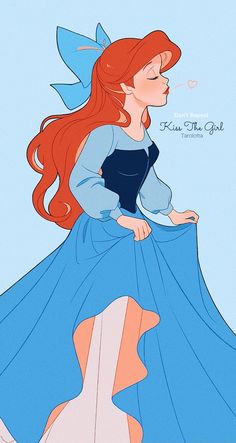 the little mermaid is dressed in blue and has long red hair, while she's wearing