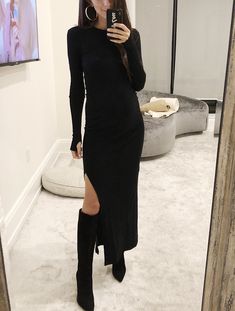 Dress Long Dress With Boots, Dress With Black Boots, Arielle Charnas, Floral Lace Maxi Dress, Velvet Dress Long, Winter Outfits Warm, Cotton Maxi Dress, Stylish Mom, Black Outfits