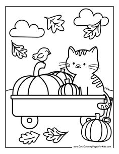 a black and white image of a cat in a wagon with pumpkins, leaves and a bird