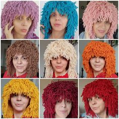 many different colored wigs are shown in multiple rows, with one woman's face visible